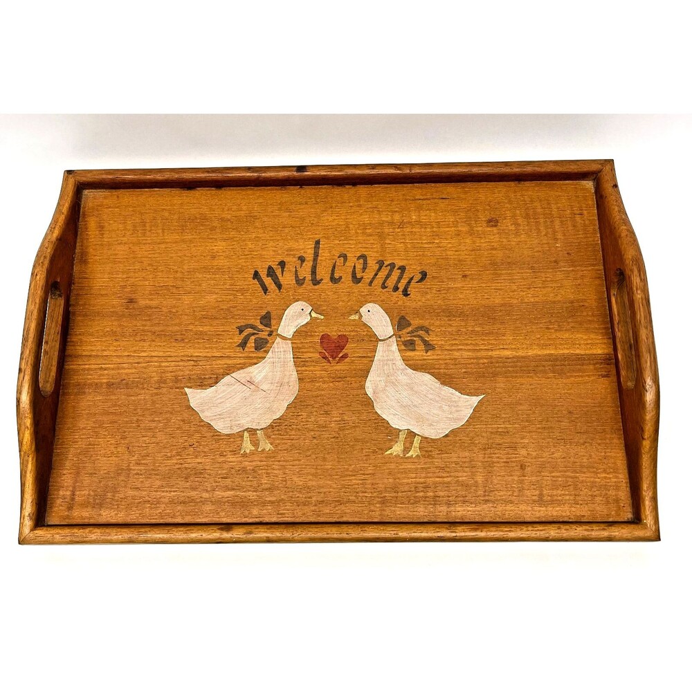 Vintage 1980s Country Geese Wooden Serving Tray Welcome Heart Cottage Farmhouse